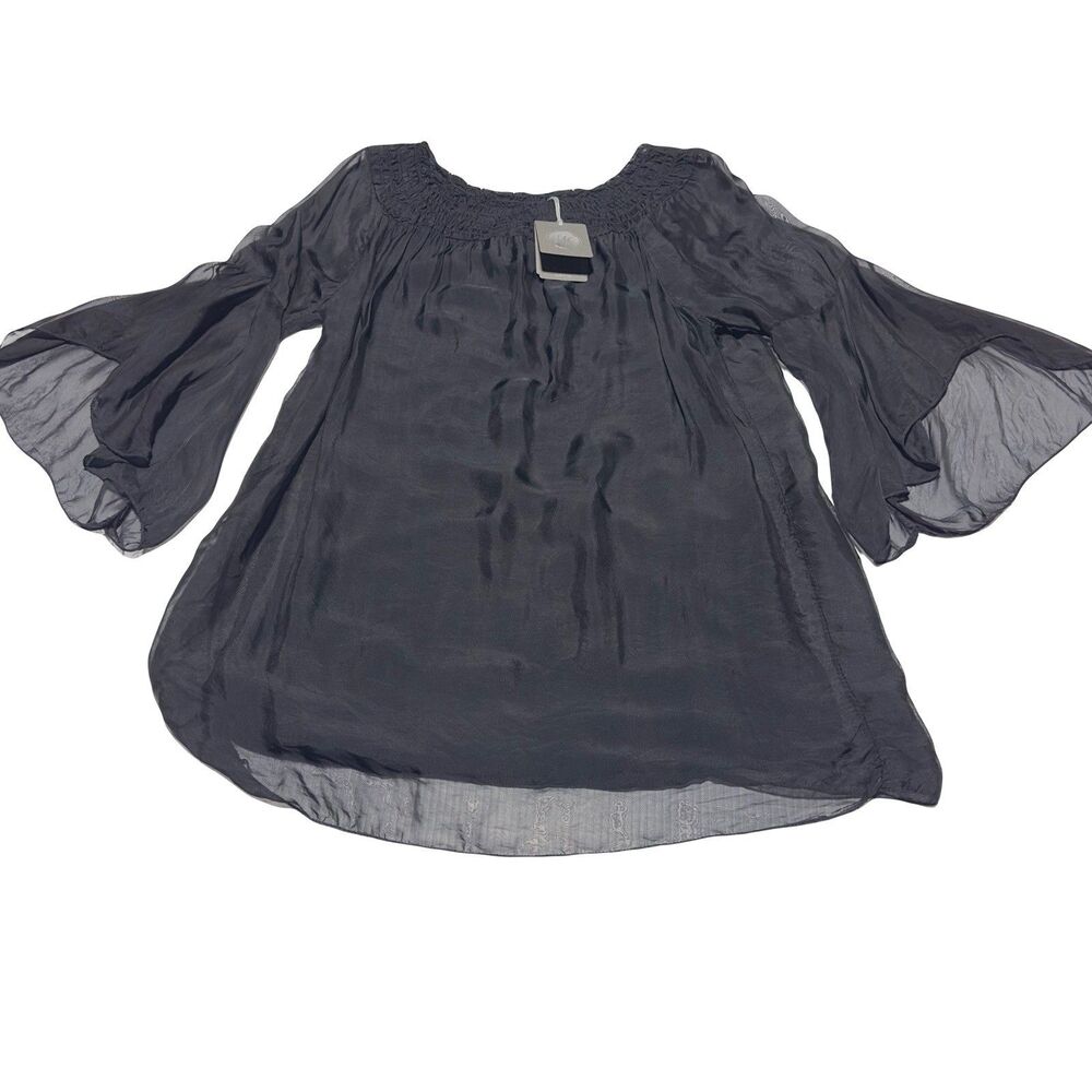 M Made In Italy Silk Blend Black Layered Sheer Chiffon Tunic Blouse Sz S Top NWT